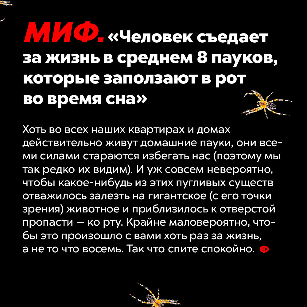 МИФ: «Человек съедает за жизнь в среднем 8 пауков, которые заползают в рот во время сна». Хоть во всех наших квартирах и домах действительно живут домашние пауки, они всеми силами стараются избегать нас (поэтому мы так редко их видим). И уж совсем невероятно, чтобы какое-нибудь из этих пугливых существ отважилось залезть на гигантское (с его точки зрения) животное и приблизилось к отверстой пропасти — ко рту. Крайне маловероятно, чтобы это произошло с вами хоть раз за жизнь, а не то что восемь. Так что спите спокойно.