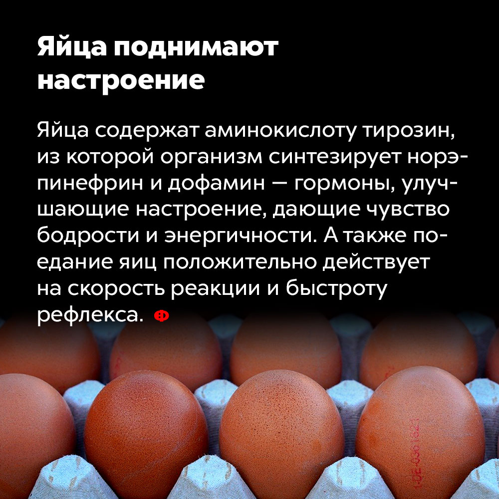 Яйца поднимают настроение. Яйца содержат аминокислоту тирозин, из которой организм синтезирует норэпинефрин и дофамин — гормоны, улучшающие настроение, дающие чувство бодрости и энергичности. А также поедание яиц положительно действует на скорость реакции и быстроту рефлекса.