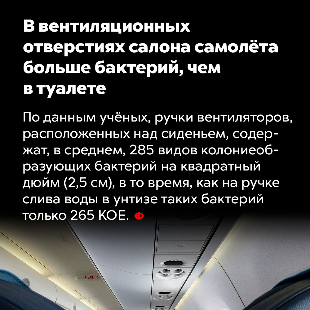 В вентиляционных отверстиях салона самолёта больше бактерий, чем в туалете. По данным учёных, ручки вентиляторов, расположенных над сиденьями, содержат, в среднем, 285 видов колониеобразующих бактерий на квадратный дюйм (2,5 см), в то время как на ручке слива воды в унитазе таких бактерий только 265 КОЕ.