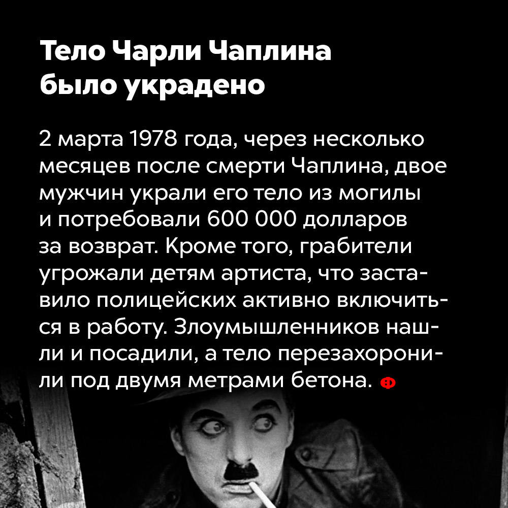 Тело Чарли Чаплина было украдено. 2 марта 1978 года, через несколько месяцев после смерти Чаплина, двое мужчин украли его тело из могилы и потребовали 600 000 долларов за возврат. Кроме того, грабители угрожали детям артиста, что заставило полицейских активно включиться в работу. Злоумышленников нашли и посадили, а тело перезахоронили под двумя метрами бетона.