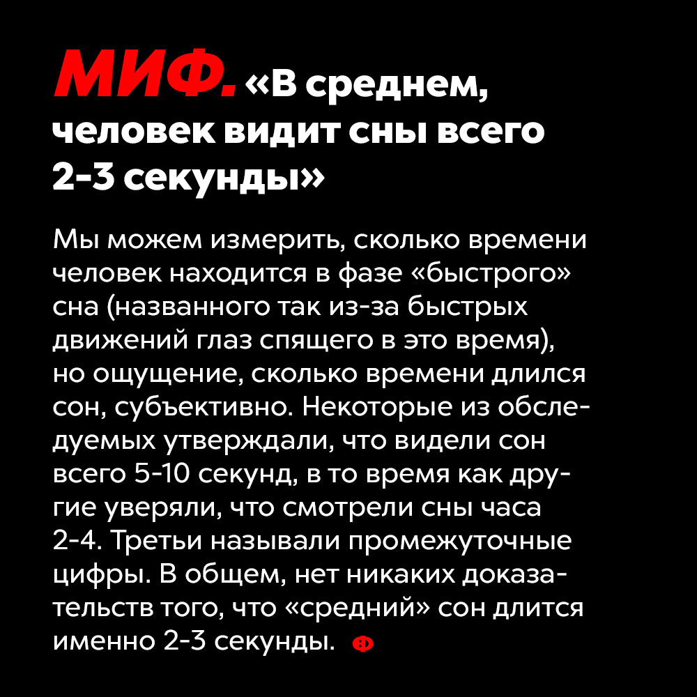 Мы не знаем, сколько времени «смотрим» сны. Мы можем измерить, сколько времени человек находится в фазе «быстрого» сна (названного так из-за быстрых движений глаз спящего в это время), но ощущение, сколько времени длился сон, субъективно. Некоторые из обследуемых утверждали, что видели сон всего 5-10 секунд, в то время как другие уверяли, что смотрели сны часа 2-4. Третьи называли промежуточные цифры. В общем, мы не знаем, сколько длится «средний» сон.