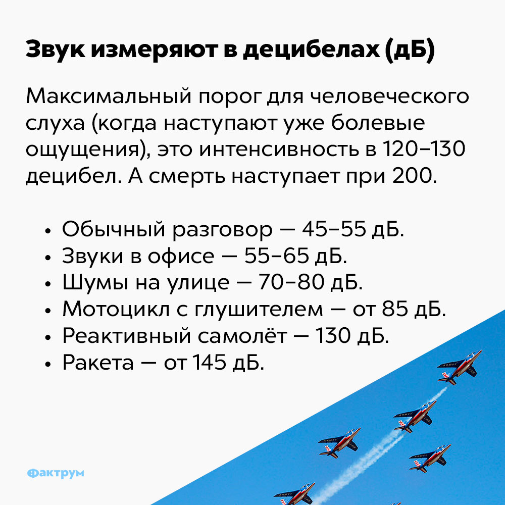 Звук измеряют в децибелах (дБ). Максимальный порог для человеческого слуха (после которого начинаются болевые ощущения) — это интенсивность в 120-130 децибел. А смерть наступает при 200.
- Обычный разговор — 45-55 дБ
- Звуки в офисе — 55-65 дБ
- Шум на улице — 70-80 дБ
- Мотоцикл с глушителем — от 85 дБ
- Реактивный самолёт — 130 дБ
- Ракета — от 145 дБ.