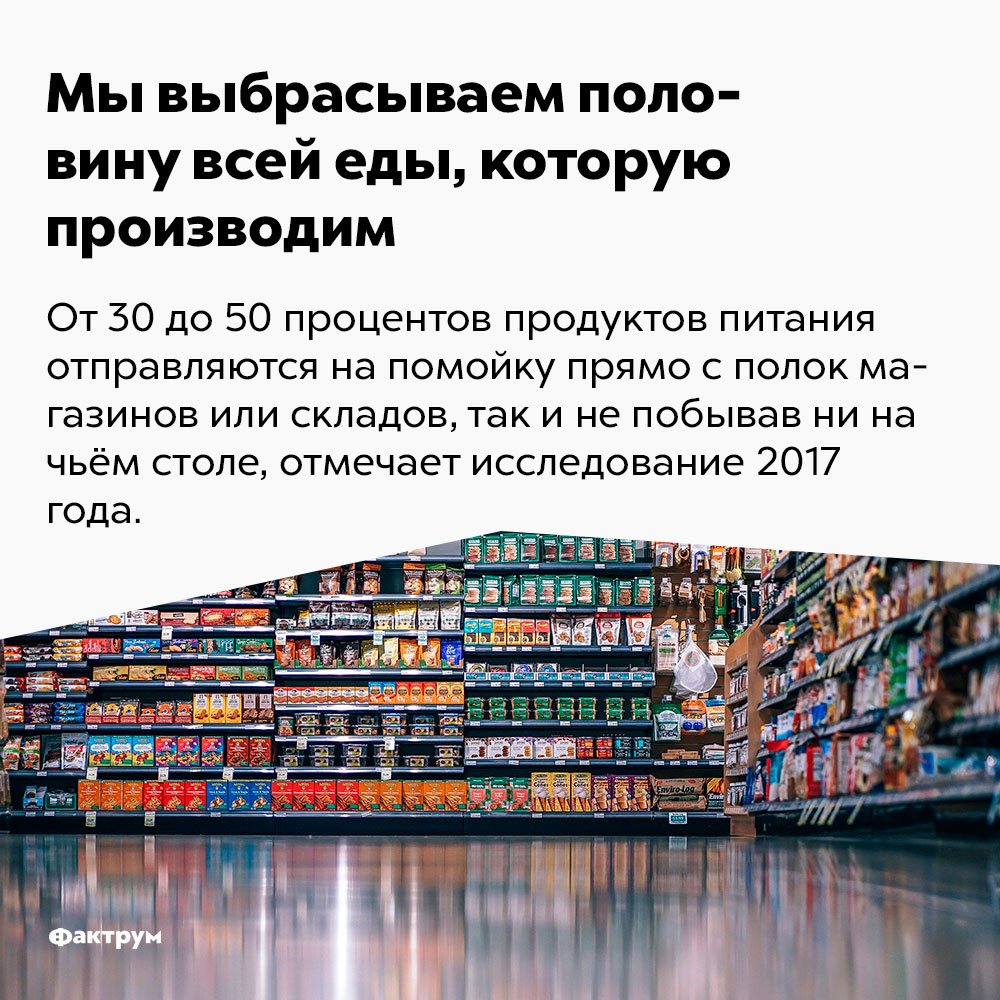 Мы выбрасываем половину всей еды, которую производим. От 30 до 50 процентов продуктов питания отправляются на помойку прямо с полок магазинов или складов, так и не побывав ни на чьём столе, отмечает исследование 2017 года.