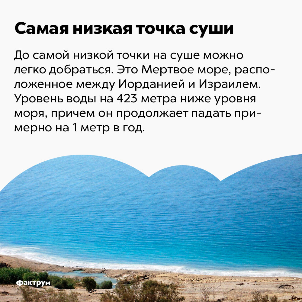 Самая низкая точка суши — это Мёртвое море. До самой низкой точки на суше можно легко добраться. Это Мёртвое море, расположенное между Иорданией и Израилем. Уровень воды на 423 метра ниже уровня океана, причём он продолжает падать примерно на метр в год.