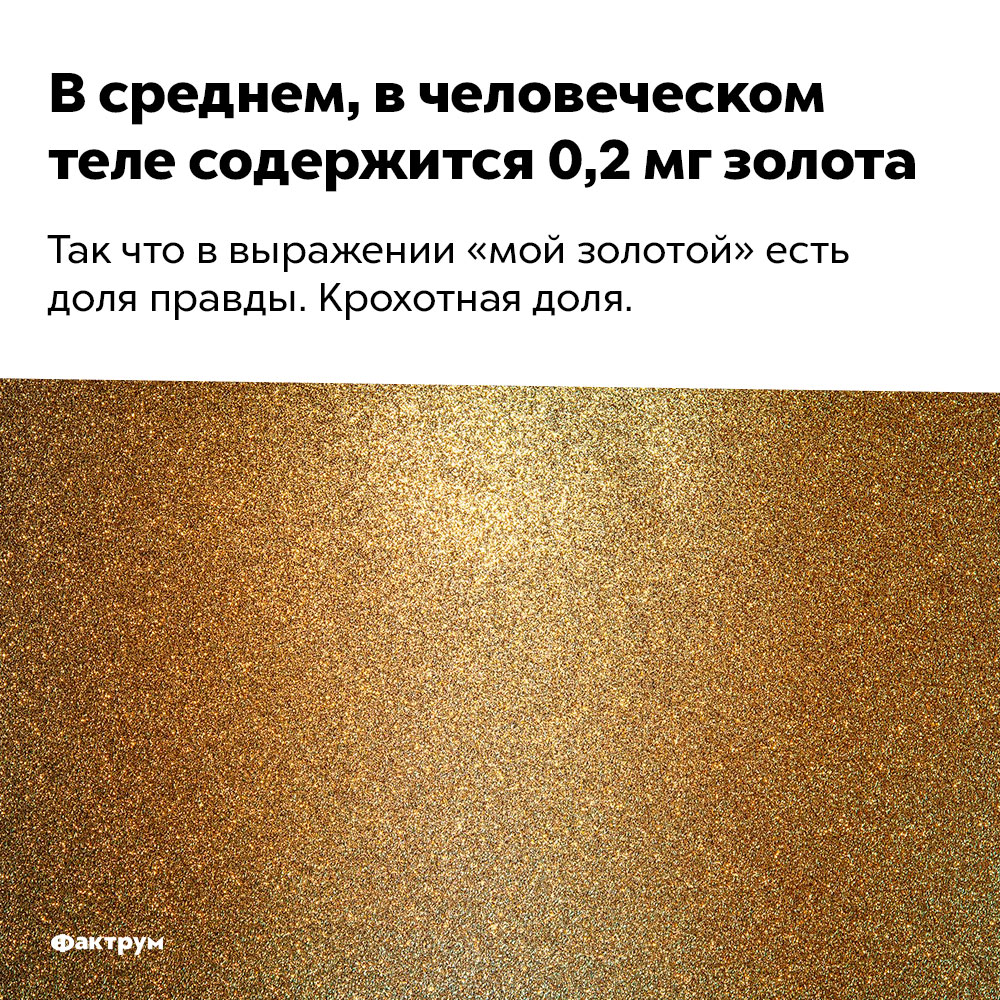 В среднем, в человеческом теле содержится 0,2 мг золота. Так что в выражении «мой золотой» есть доля правды. Крохотная доля.