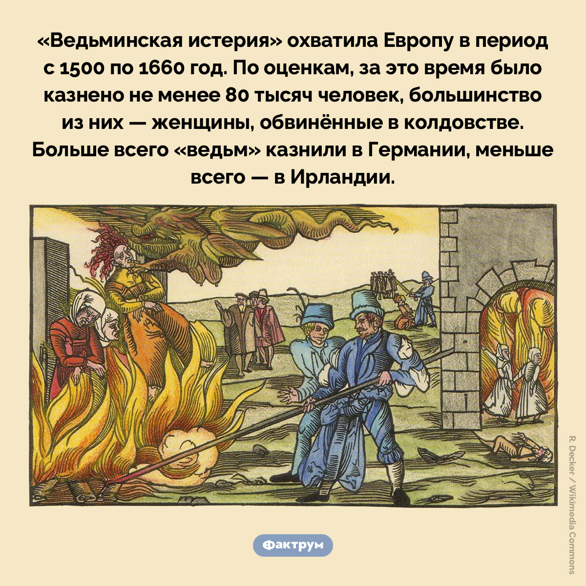 Европейцы сожгли на кострах 80 000 «ведьм». «Ведьминская истерия» охватила Европу в период с 1500 по 1660 год. По оценкам, за это время было казнено не менее 80 тысяч человек, большинство из них — женщины, обвинённые в колдовстве. Больше всего «ведьм» казнили в Германии, меньше всего — в Ирландии.