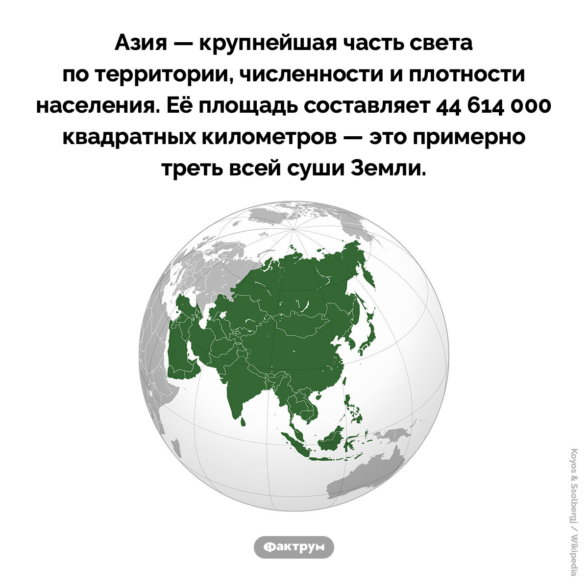 Крупнейшая часть света. Азия — крупнейшая часть света по территории, численности и плотности населения. Её площадь составляет 44 614 000 квадратных километров — это примерно треть всей суши Земли.