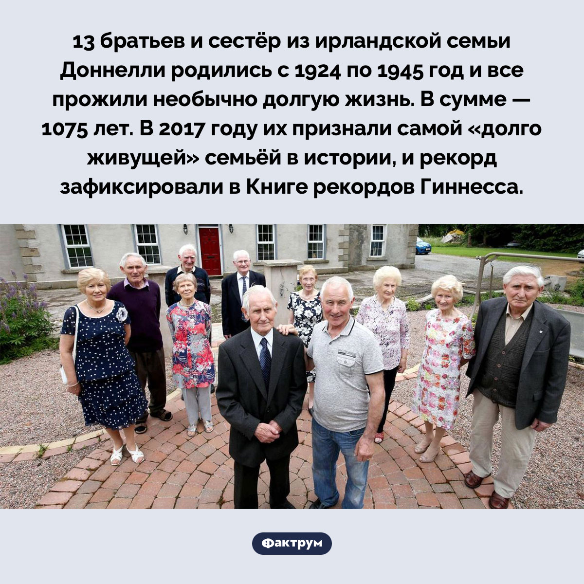 Семья Доннелли из Ирландии. 13 братьев и сестёр из ирландской семьи Доннелли родились с 1924 по 1945 год и все прожили необычно долгую жизнь. В сумме — 1075 лет. В 2017 году их признали самой «долго живущей» семьёй в истории, и рекорд зафиксировали в Книге рекордов Гиннесса.