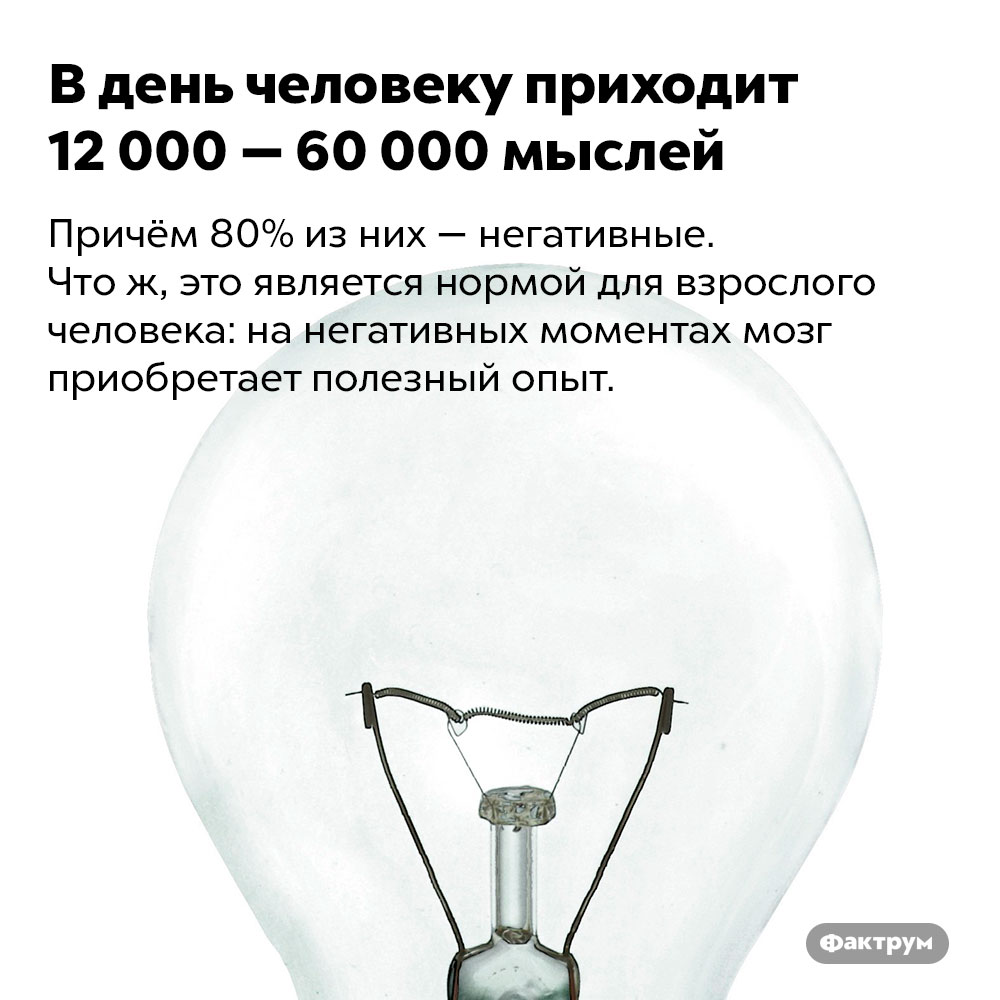 В день человеку приходит 12 000 — 60 000 мыслей. Причём 80% из них — негативные. Что ж, это является нормой для взрослого человека: на негативных моментах мозг приобретает полезный опыт.