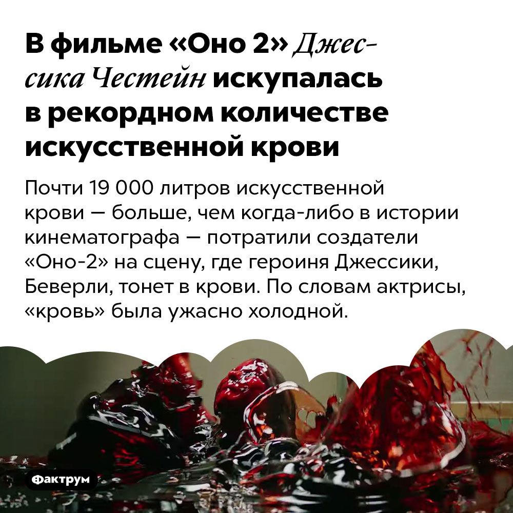 В фильме «Оно 2» Джессика Честейн искупалась в рекордном количестве искусственной крови. Почти 19 000 литров искусственной крови — больше, чем когда-либо в истории кинематографа — потратили создатели «Оно-2» на сцену, где героиня Джессики, Беверли, тонет в крови. По словам актрисы, «кровь» была ужасно холодной.