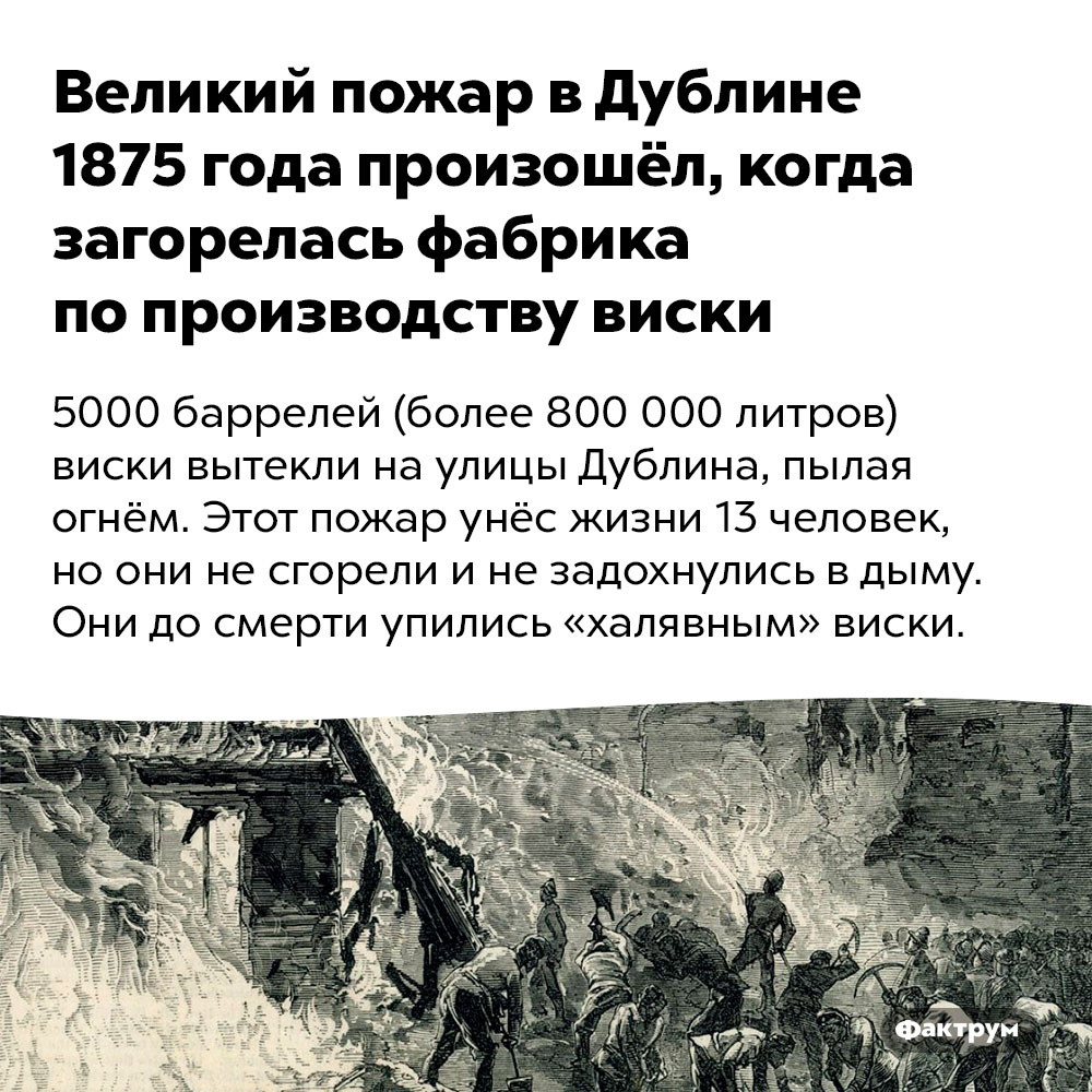 Великий пожар в Дублине 1875 года произошёл, когда загорелась фабрика по производству виски. 5000 баррелей (более 800 000 литров) виски вытекли на улицы Дублина, пылая огнём. Этот пожар унёс жизни 13 человек, но они не сгорели и не задохнулись в дыму. Они до смерти упились «халявным» виски.