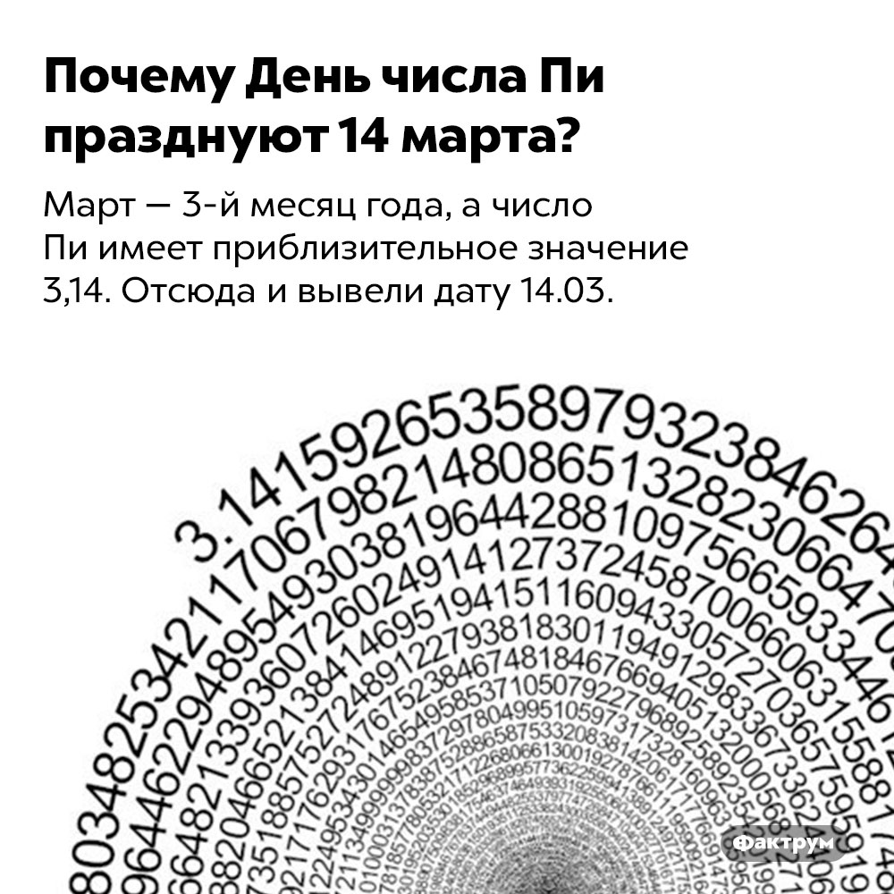 Почему День числа Пи празднуют 14 марта?. Март — 3-й месяц года, а число Пи имеет приблизительное значение 3,14. Отсюда и вывели дату 14.03.