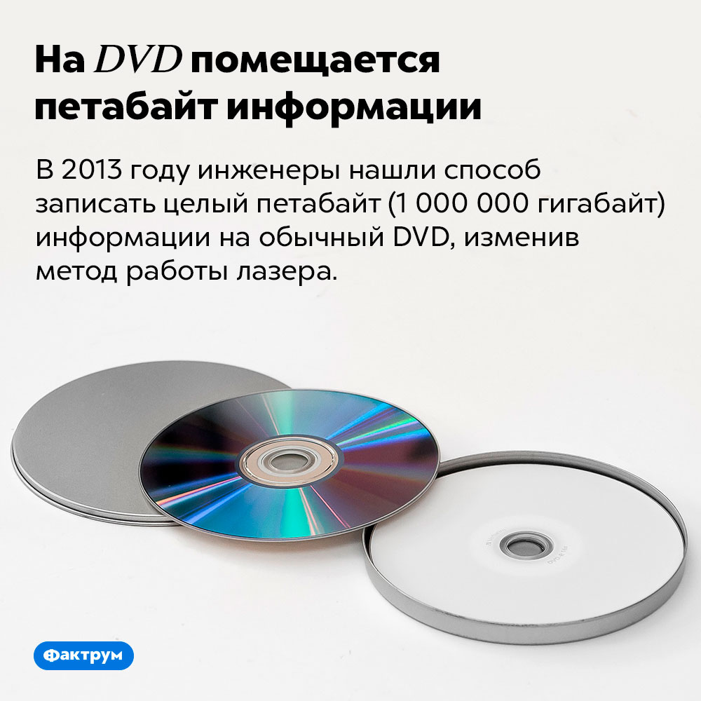 На DVD помещается петабайт информации. В 2013 году инженеры нашли способ записать целый петабайт (1 000 000 гигабайт) информации на обычный DVD, изменив метод работы лазера.