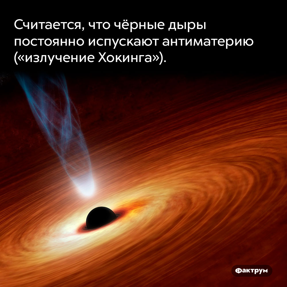 Считается, что чёрные дыры постоянно испускают антиматерию («излучение Хокинга»). Считается, что чёрные дыры постоянно испускают антиматерию («излучение Хокинга»)