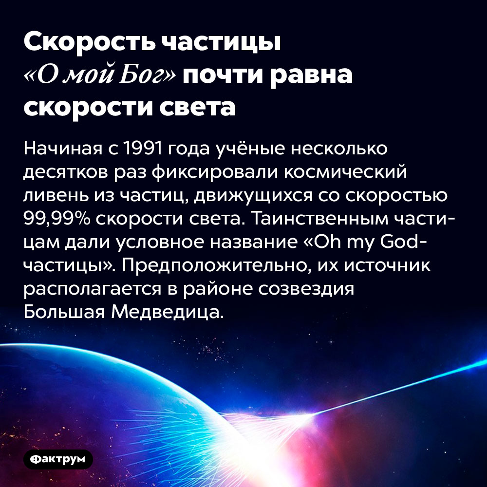 Скорость частицы «О мой Бог» почти равна скорости света. Начиная с 1991 года учёные несколько десятков раз фиксировали космический ливень из частиц, движущихся со скоростью 99,99% скорости света. Таинственным частицам дали условное название «Oh my God-частицы». Предположительно, их источник располагается в районе созвездия Большая Медведица.