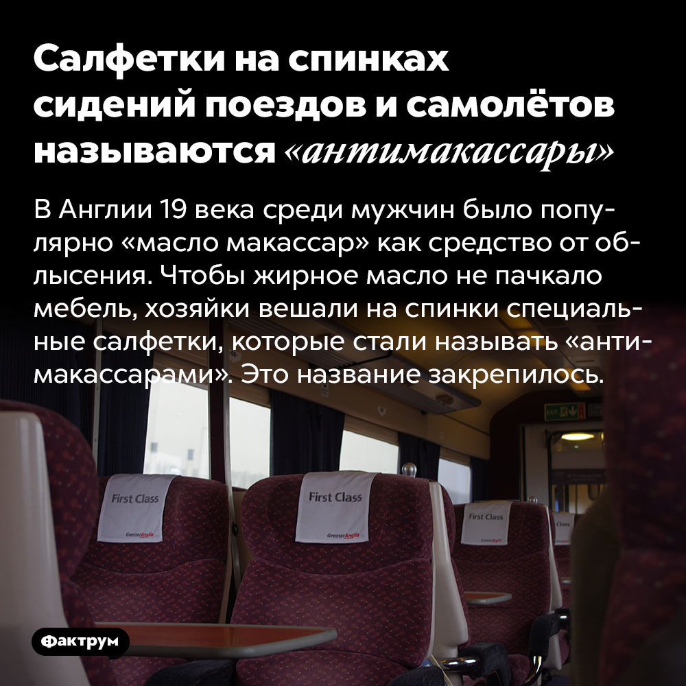 Салфетки на спинках сидений поездов и самолётов называются «антимакассары». В Англии 19 века среди мужчин было популярно «масло макассар» как средство от облысения. Чтобы жирное масло не пачкало мебель, хозяйки вешали на спинки специальные салфетки, которые стали называть «антимакассарами». Это название закрепилось.