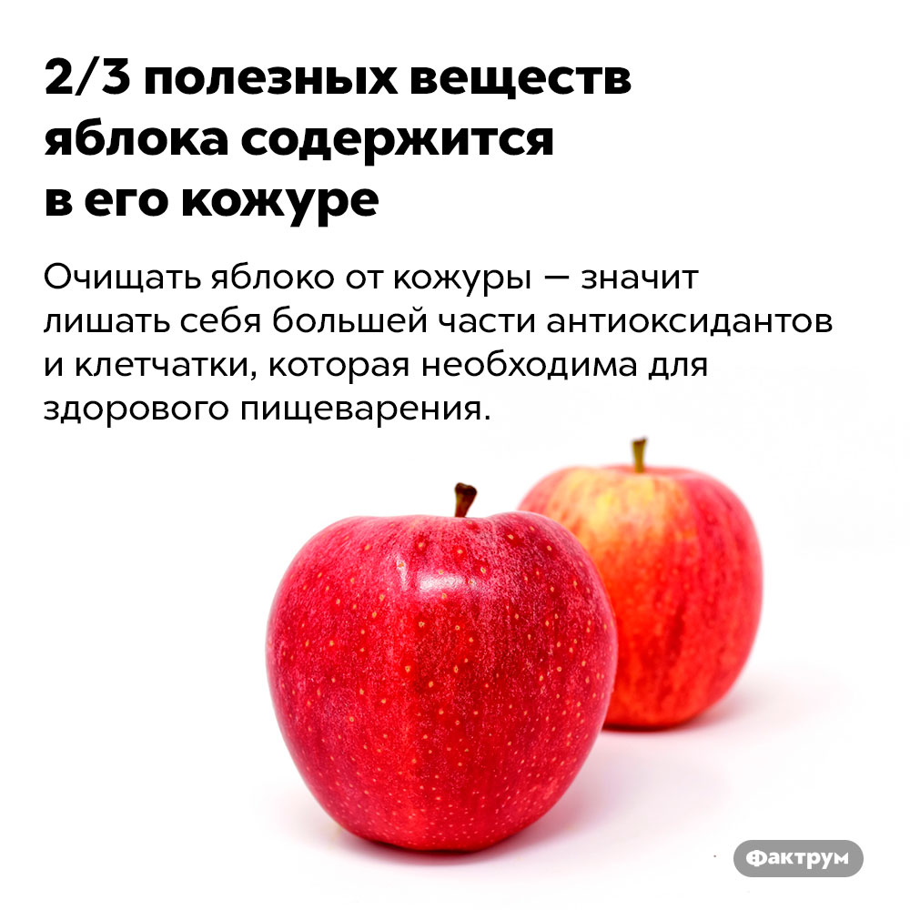 2/3 полезных веществ яблока содержится в его кожуре. Очищать яблоко от кожуры — значит лишать себя большей части антиоксидантов и клетчатки, которые необходимы для здорового пищеварения.