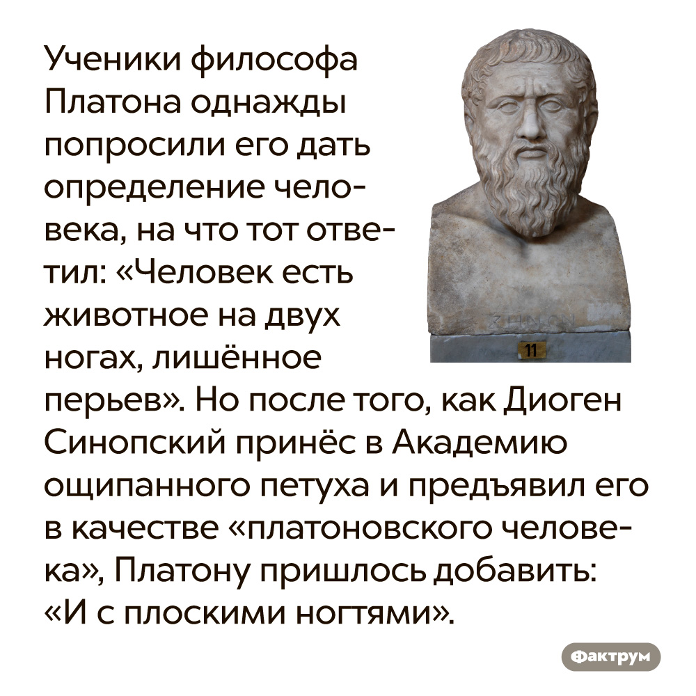 Ученики древнегреческого философа Платона однажды попросили его дать определение человека. На что тот ответил: «Человек есть животное на двух ногах, лишённое перьев». Однако после того, как Диоген Синопский принёс в Академию ощипанного петуха и предъявил его в качестве «платоновского человека», Платону пришлось добавить: «И с плоскими ногтями».
