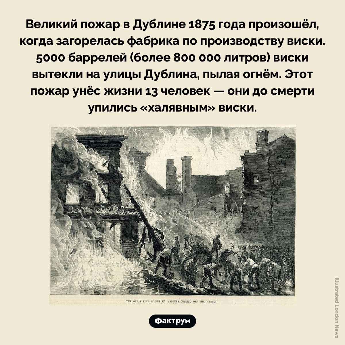 Великий пожар в Дублине 1875 года. Великий пожар в Дублине 1875 года произошёл, когда загорелась фабрика по производству виски. 5000 баррелей (более 800 000 литров) виски вытекли на улицы Дублина, пылая огнём. Этот пожар унёс жизни 13 человек — они до смерти упились «халявным» виски.