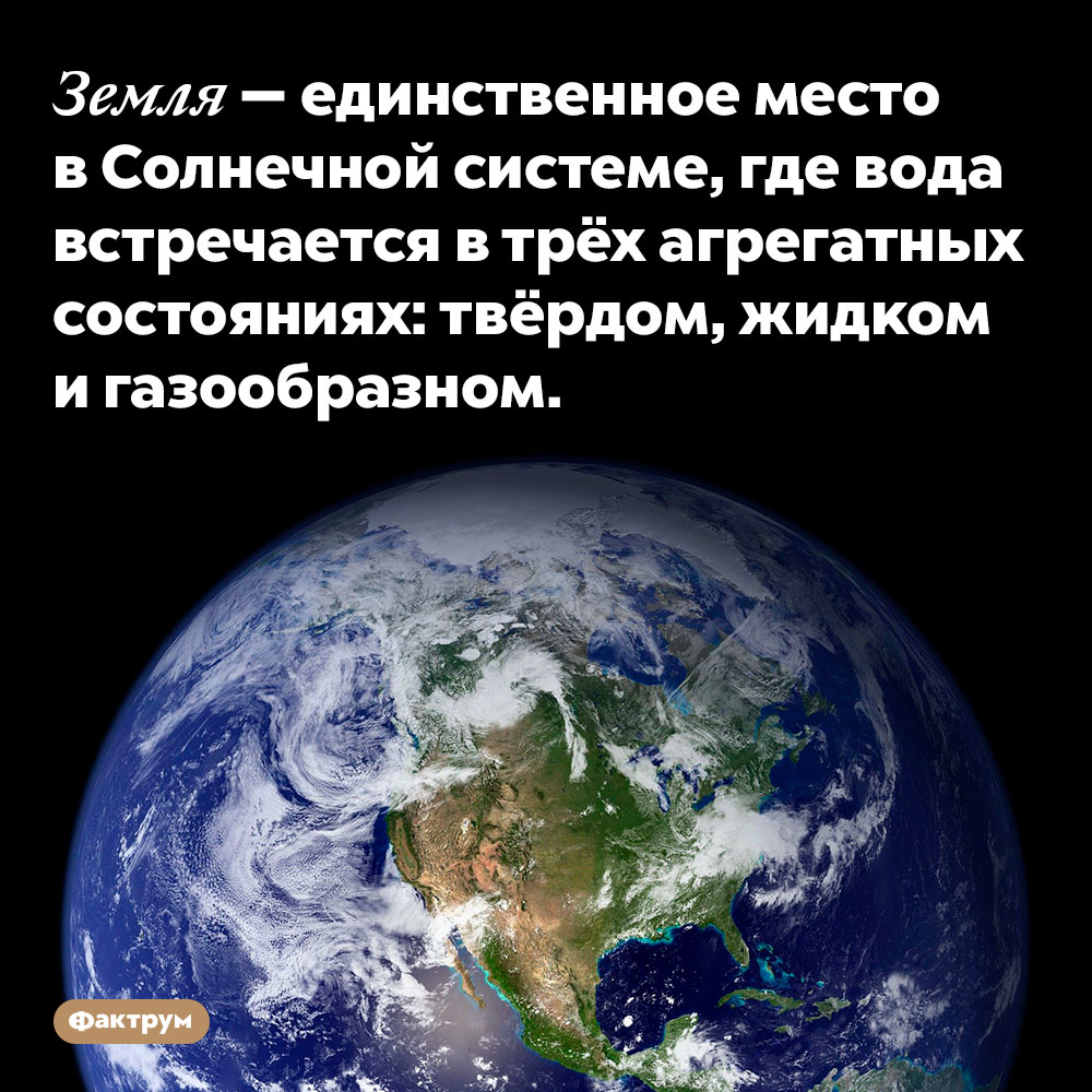 Земля — единственное место в Солнечной системе, где вода встречается в трёх агрегатных состояниях. Твёрдом, жидком и газообразном.