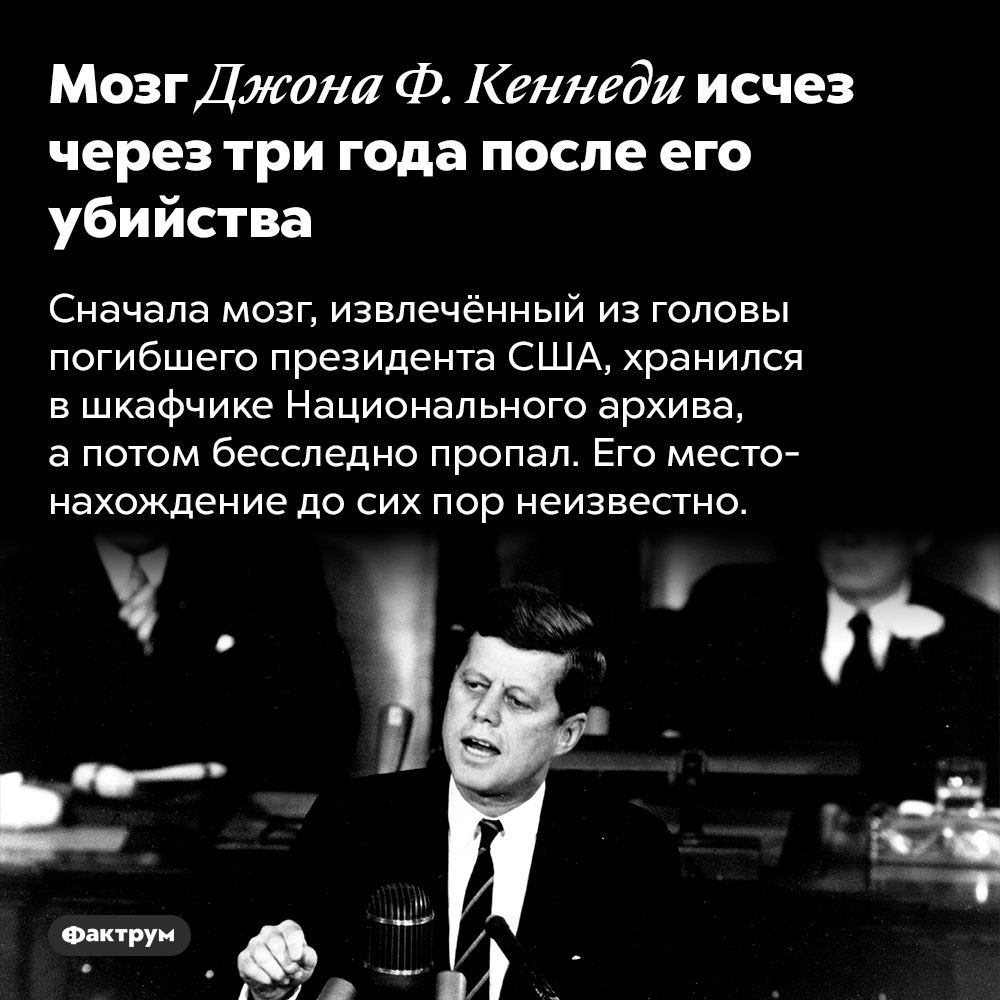 Мозг Джона Ф. Кеннеди исчез через три года после его убийства. Сначала мозг, извлечённый из головы погибшего президента США, хранился в шкафчике Национального архива, а потом бесследно пропал. Его местонахождение до сих пор неизвестно.
