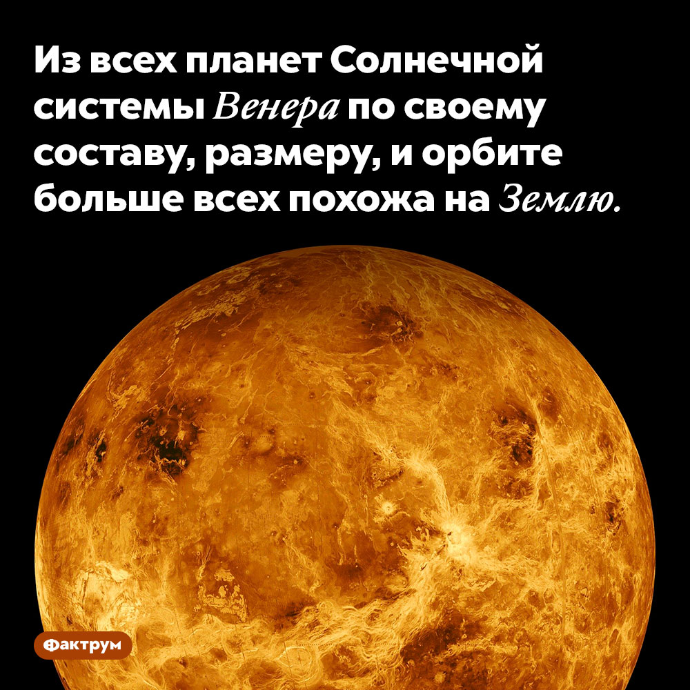 Из всех планет Солнечной системы Венера по своему составу, размеру, и орбите больше всех похожа на Землю. 