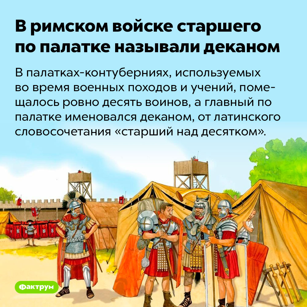 В римском войске старшего по палатке называли деканом. В палатках-контуберниях, используемых во время военных походов и учений, помещалось ровно десять воинов, а главный по палатке именовался деканом, от латинского словосочетания «старший над десятком».