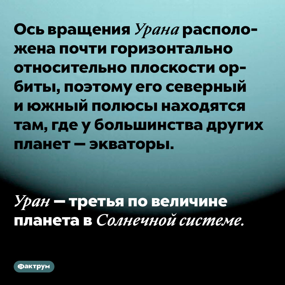 Ось вращения Урана расположена почти горизонтально относительно плоскости орбиты, поэтому его северный и южный полюсы находятся там, где у большинства других планет — экваторы. Уран — третья по величине планета в Солнечной системе.