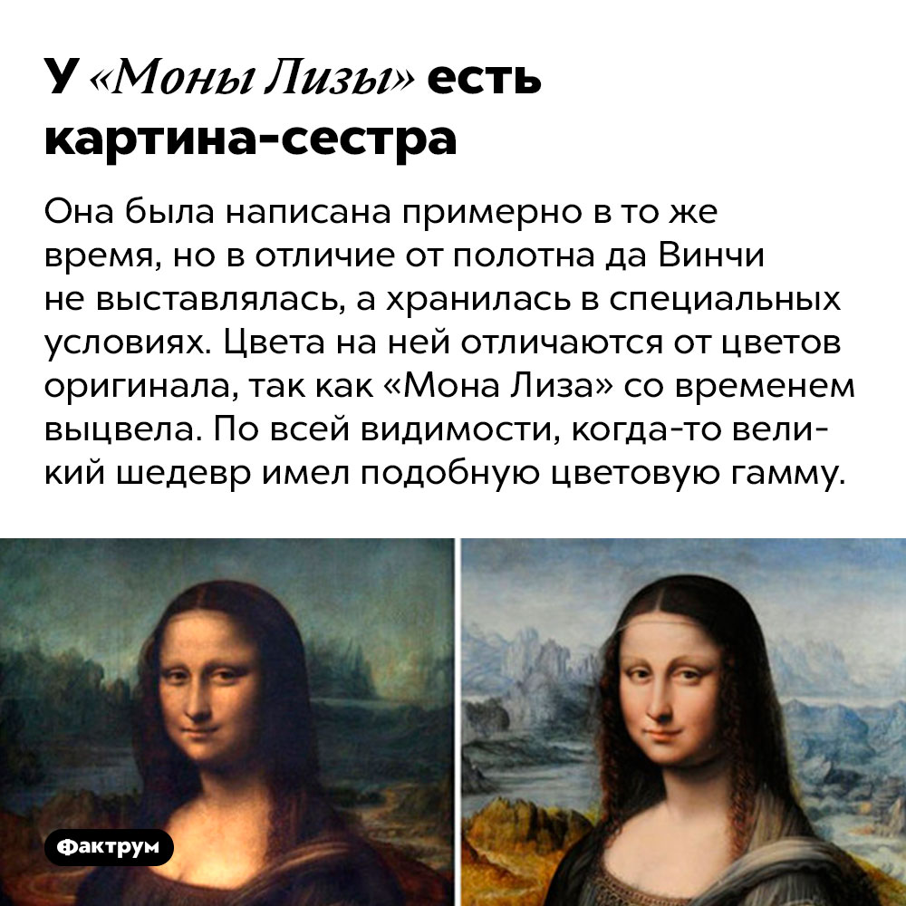 У «Моны Лизы» есть картина-сестра. Она была написана примерно в то же время, но в отличие от полотна да Винчи не выставлялась, а хранилась в специальных условиях. Цвета на ней отличаются от цветов оригинала, так как «Мона Лиза» со временем выцвела. По всей видимости, когда-то великий шедевр имел подобную цветовую гамму.
