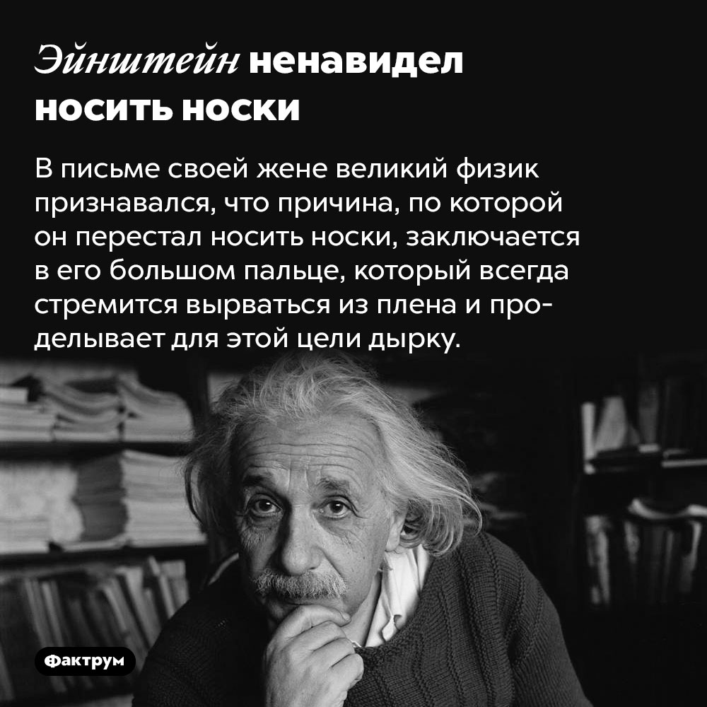 Эйнштейн ненавидел носить носки. В письме своей жене великий физик признавался, что причина, по которой он перестал носить носки, заключается в его большом пальце, который всегда стремится вырваться из плена и проделывает для этой цели дырку.