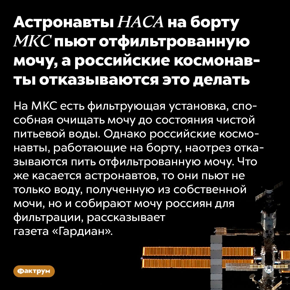 Астронавты НАСА на борту МКС пьют отфильтрованную мочу, а российские космонавты отказываются это делать. На МКС есть фильтрующая установка, способная очищать мочу до состояния чистой питьевой воды. Однако российские космонавты, работающие на борту, наотрез отказываются пить отфильтрованную мочу. Что же касается астронавтов, то они пьют не только воду, полученную из собственной мочи, но и собирают мочу россиян для фильтрации, рассказывает газета «Гардиан».
