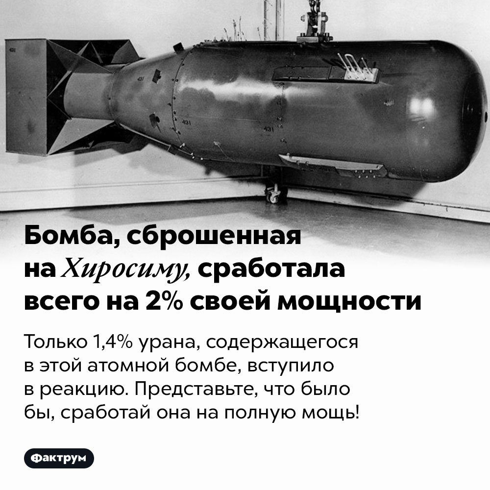 Бомба, сброшенная на Хиросиму, сработала всего на 2% своей мощности. Только 1,4% урана, содержащегося в этой атомной бомбе, вступило в реакцию. Представьте, что было бы, сработай она на полную мощь!