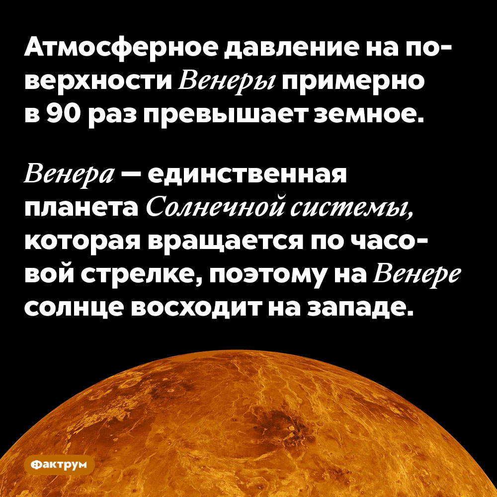 Атмосферное давление на поверхности Венеры примерно в 90 раз превышает земное. Венера — единственная планета Солнечной системы, которая вращается по часовой стрелке, поэтому на Венере солнце восходит на западе.
