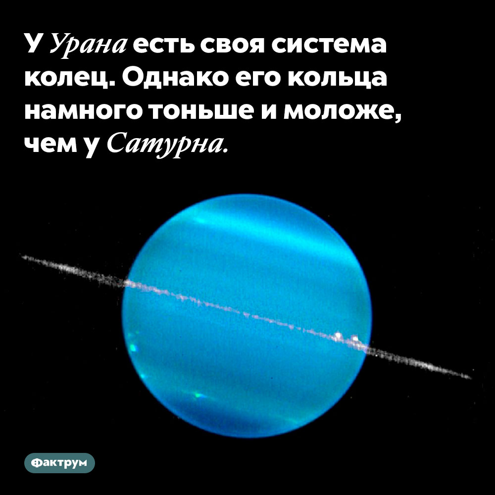 У Урана есть своя система колец. Однако его кольца намного тоньше и моложе, чем у Сатурна. 