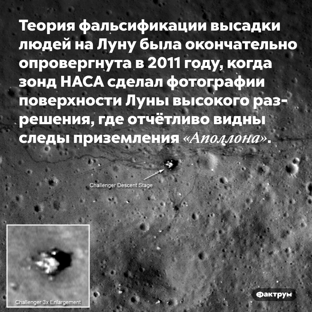 Теория фальсификации высадки людей на Луну была окончательно опровергнута в 2011 году. ...когда зонд НАСА сделал фотографии поверхности Луны высокого разрешения, где отчётливо видны следы приземления «Аполлона».