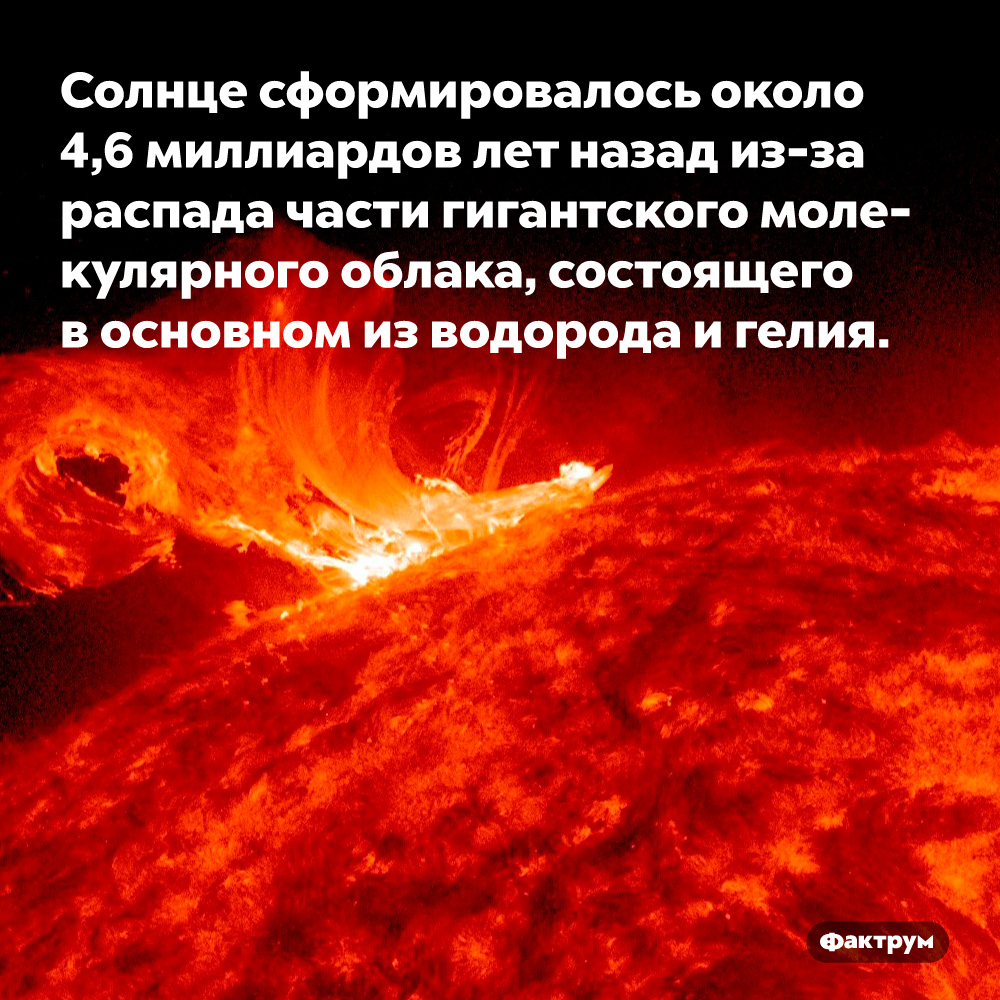 Солнце сформировалось около 4,6 миллиардов лет назад из-за распада части гигантского молекулярного облака, состоящего в основном из водорода и гелия. 