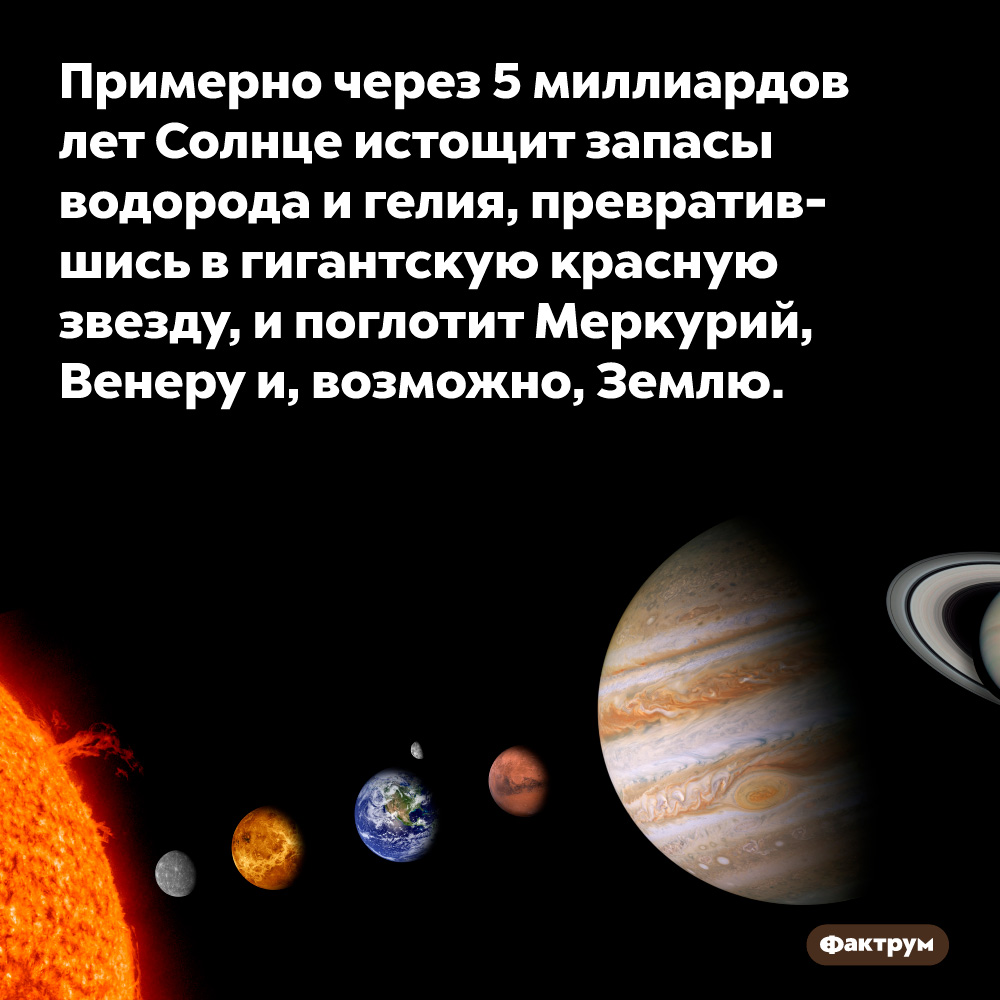 Примерно через 5 миллиардов лет Солнце истощит запасы водорода и гелия, превратившись в гигантскую красную звезду, и поглотит Меркурий, Венеру и, возможно, Землю. 