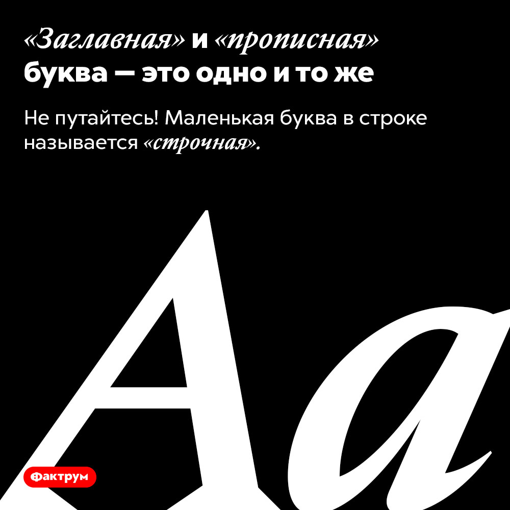 «Заглавная» и «прописная» буква — это одно и то же. Не путайтесь! Маленькая буква в строке называется «строчная».
