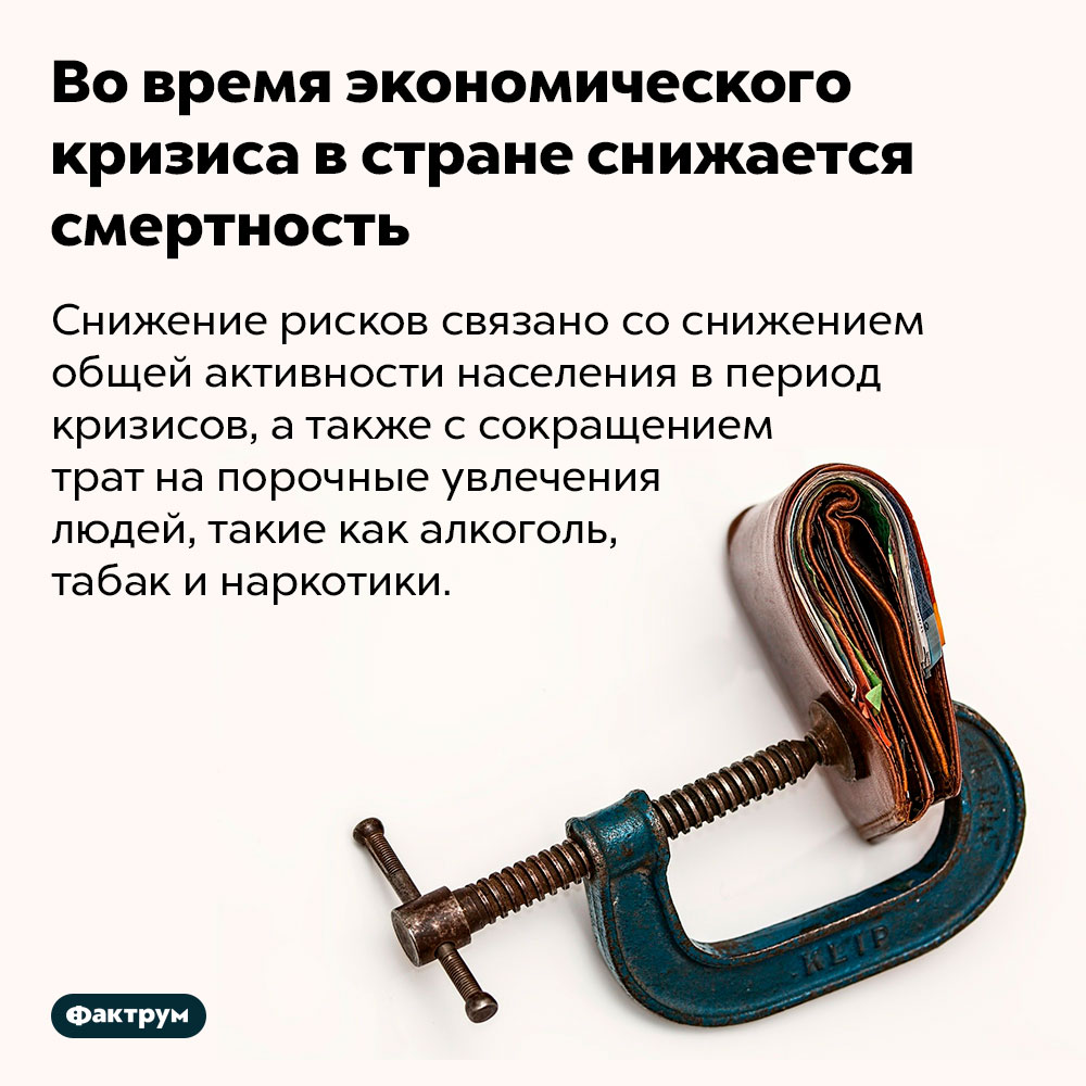 Во время экономического кризиса в стране снижается смертность. Снижение рисков связано со снижением общей активности населения в период кризисов, а также с сокращением трат на порочные увлечения людей, такие как алкоголь, табак и наркотики.