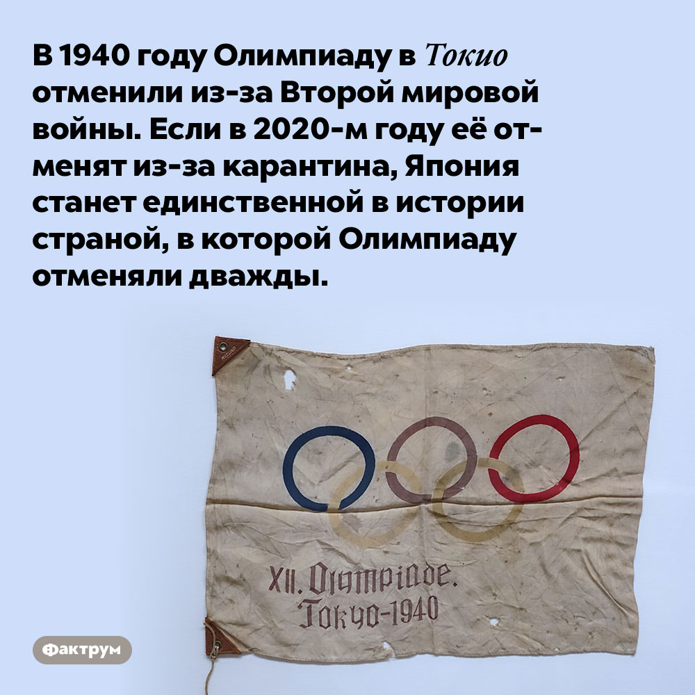 В 1940 году Олимпиаду в Токио отменили из-за Второй мировой войны. Если в 2020-м году её отменят из-за карантина, Япония станет единственной в истории страной, в которой Олимпиаду отменяли дважды.