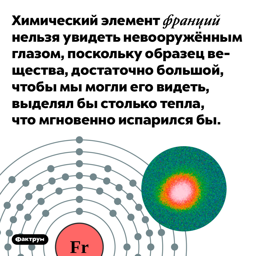 Химический элемент франций нельзя увидеть невооружённым глазом. Поскольку образец вещества, достаточно большой, чтобы мы могли его видеть, выделял бы столько тепла, что мгновенно испарился бы.