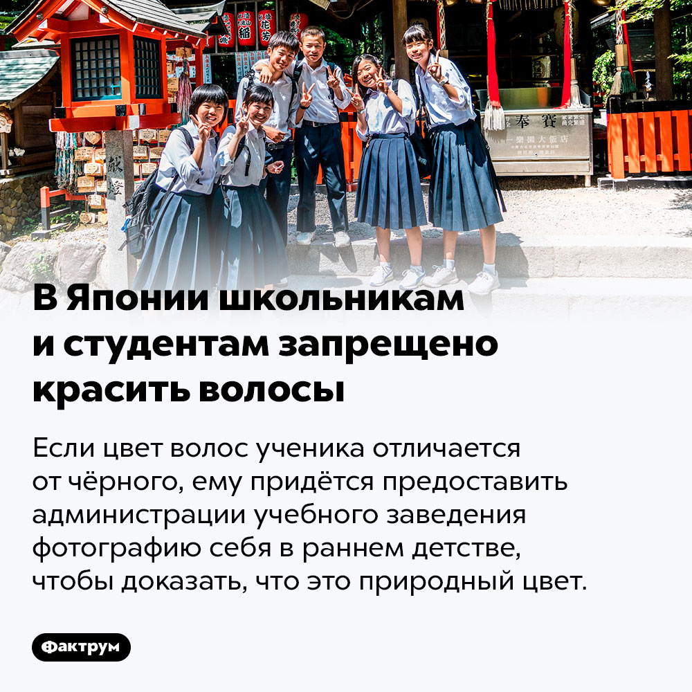 В Японии школьникам и студентам запрещено красить волосы. Если цвет волос ученика отличается от чёрного, ему придётся предоставить администрации учебного заведения фотографию себя в раннем детстве, чтобы доказать, что это природный цвет.