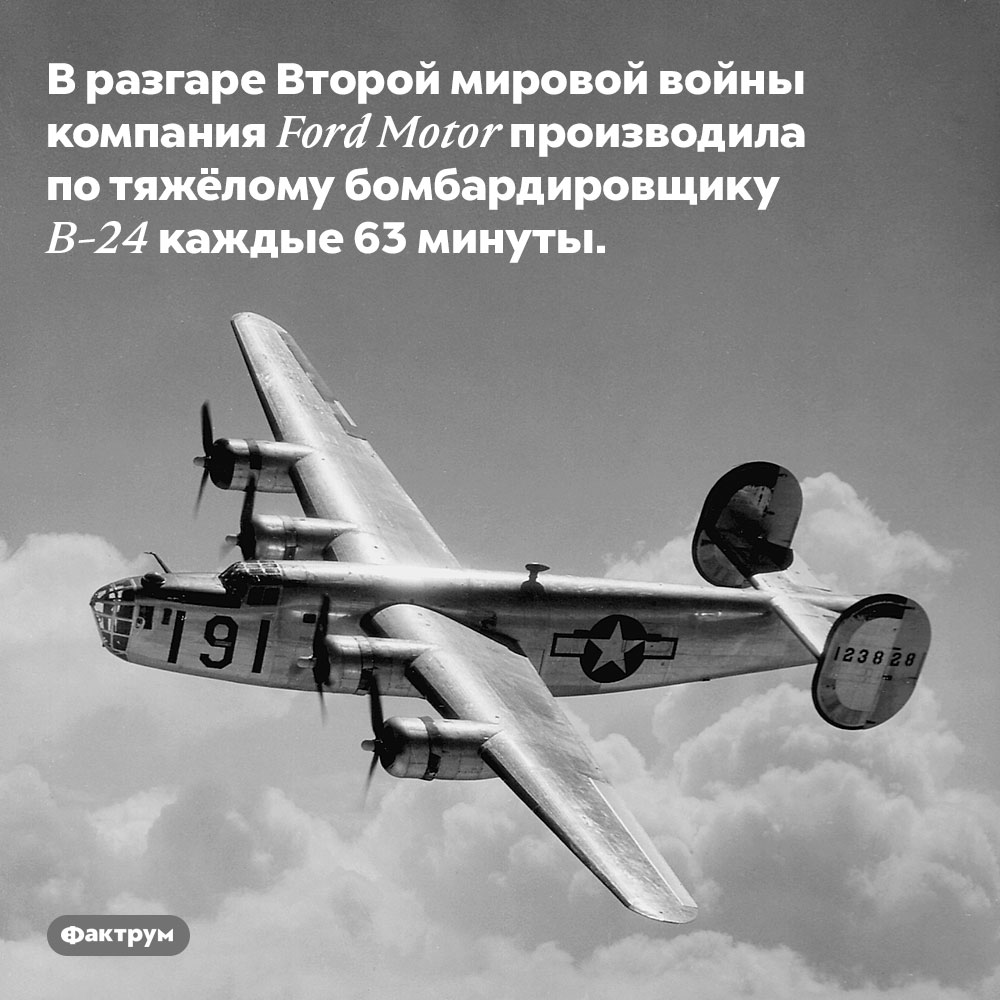 В разгаре Второй мировой войны компания Ford Motor производила по тяжёлому бомбардировщику B-24 каждые 63 минуты.
