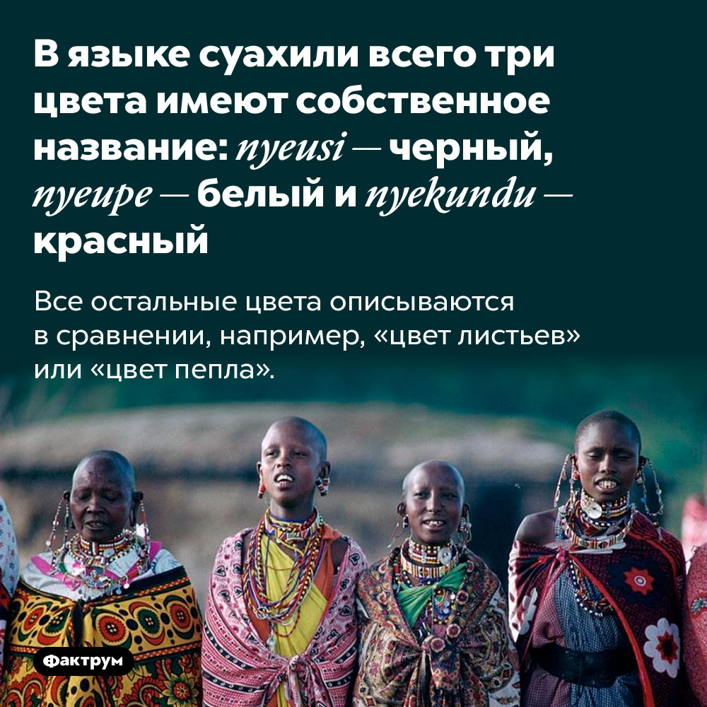 В языке суахили всего три цвета имеют собственное название: nyeusi — черный, nyeupe — белый и nyekundu — красный. Все остальные цвета описываются в сравнении, например, «цвет листьев» или «цвет пепла».