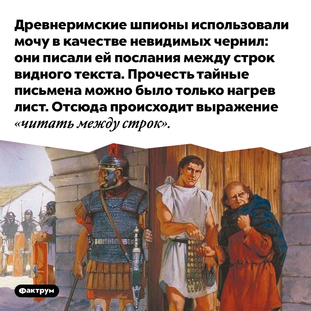 Моча в качестве невидимых чернил. Древнеримские шпионы использовали мочу в качестве невидимых чернил. Они писали ей послания между строк видного текста. Прочесть тайные письмена можно было только нагрев лист. Отсюда происходит выражение «читать между строк».