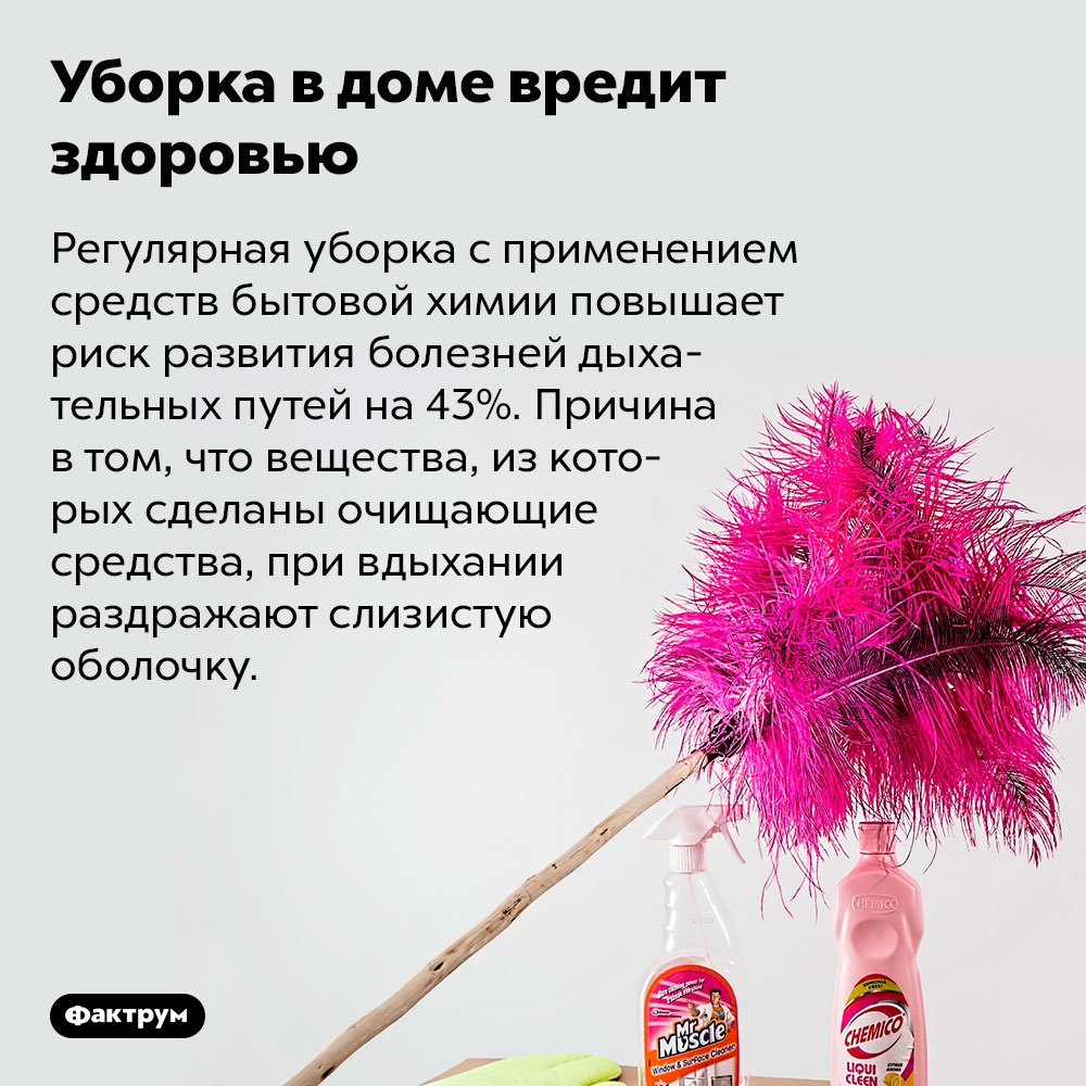 Уборка в доме вредит здоровью. Регулярная уборка с применением средств бытовой химии повышает риск развития болезней дыхательных путей на 43%. Причина в том, что вещества, из которых сделаны очищающие средства, при вдыхании раздражают слизистую оболочку.
