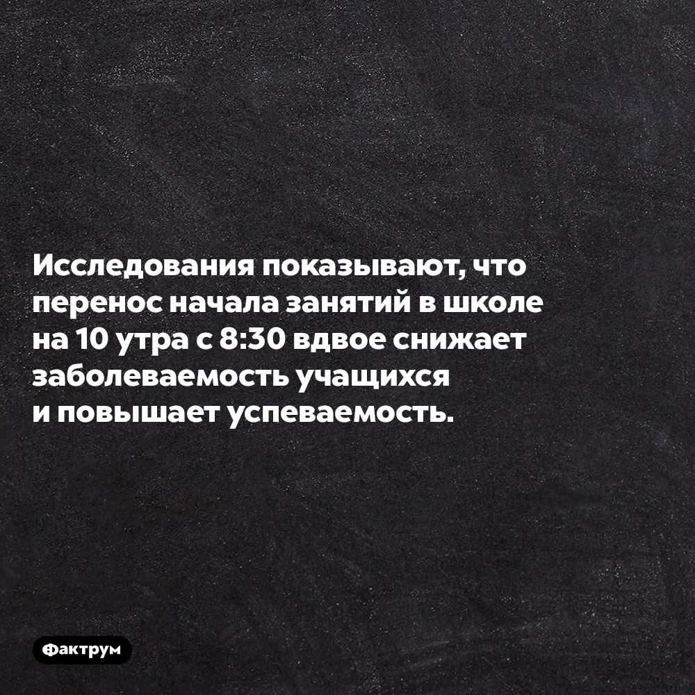 Исследования показывают, что перенос начала занятий в школе на 10 утра с 8:30 вдвое снижает заболеваемость учащихся и повышает успеваемость.