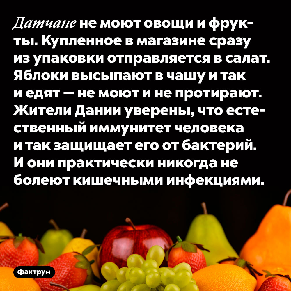 Датчане не моют овощи и фрукты. Купленное в магазине сразу из упаковки отправляется в салат. Яблоки высыпают в чашу и так и едят — не моют и не протирают. Жители Дании уверены, что естественный иммунитет человека и так защищает его от бактерий. И они практически никогда не болеют кишечными инфекциями.
