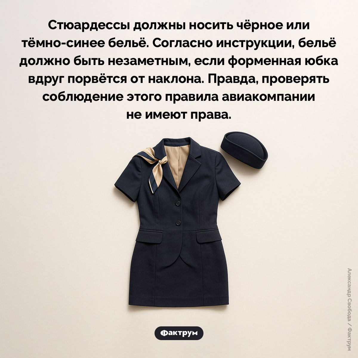 Белье стюардесс. Стюардессы должны носить чёрное или тёмно-синее бельё. Согласно инструкции, бельё должно быть незаметным, если форменная юбка вдруг порвётся от наклона. Правда, проверять соблюдение этого правила авиакомпании не имеют права.