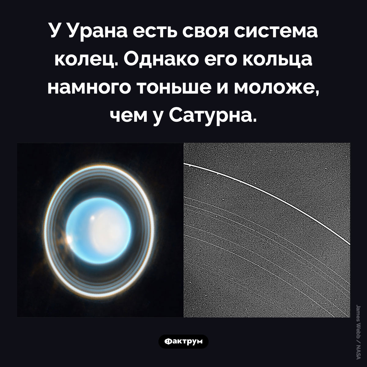 Кольца Урана. У Урана есть своя система колец. Однако его кольца намного тоньше и моложе, чем у Сатурна.